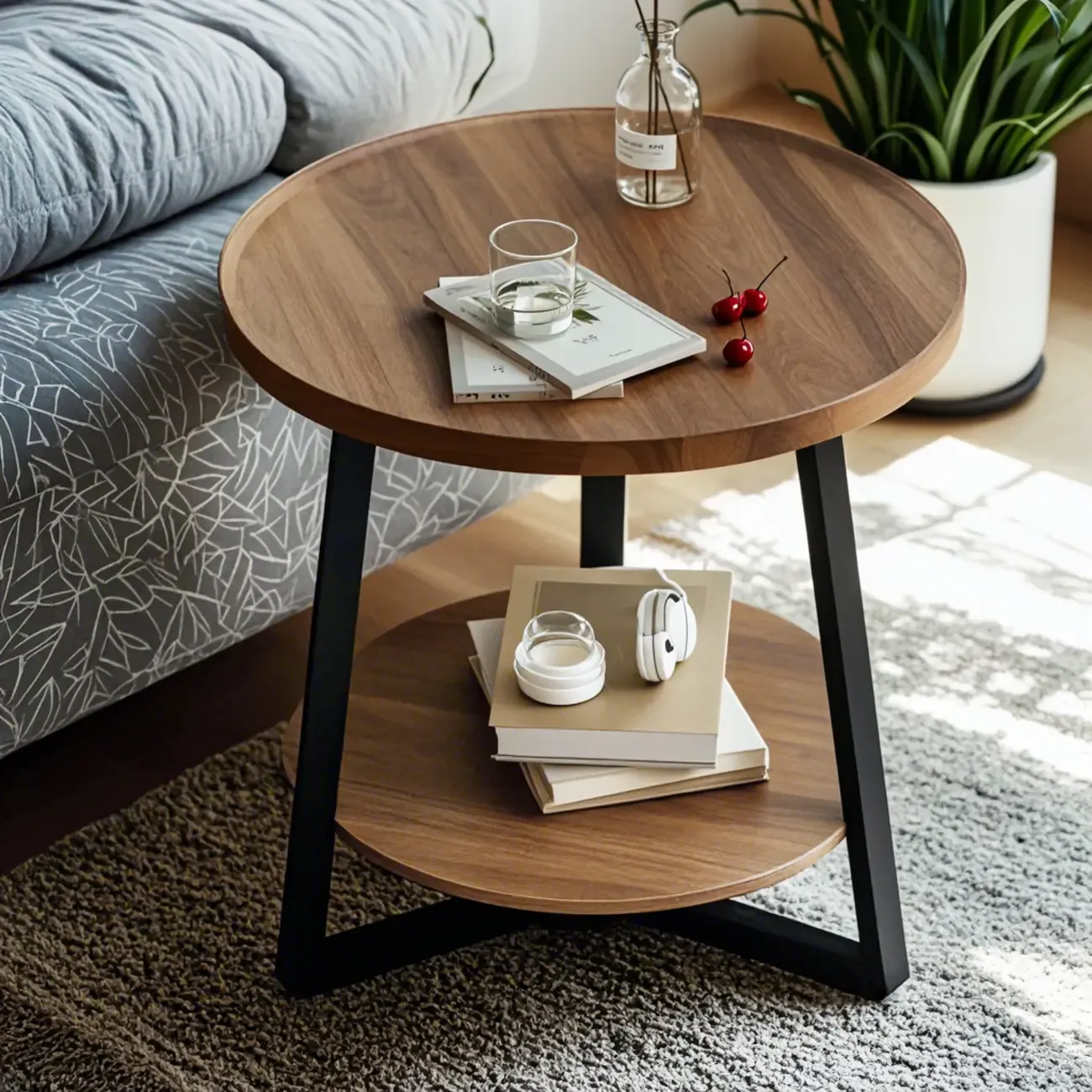 Modern Wooden Top Tray Coffee Table with Cross Legs & Shelf