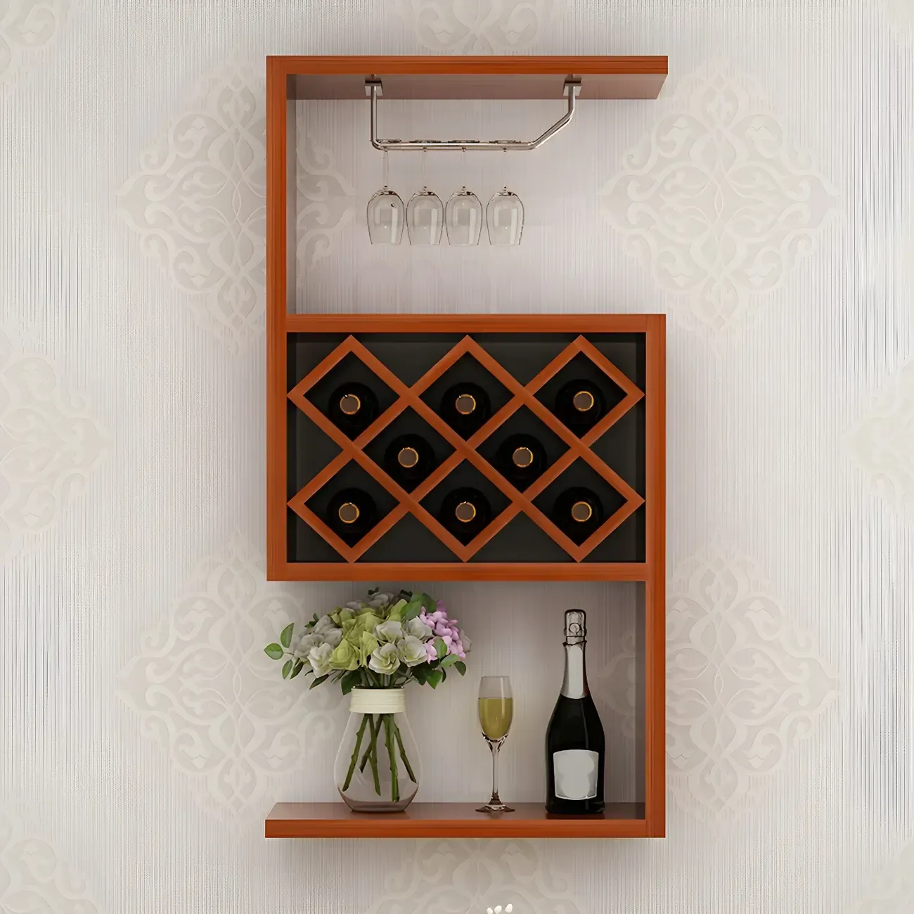 Rubberwood Floating Mount Wine Rack with Stackable Design