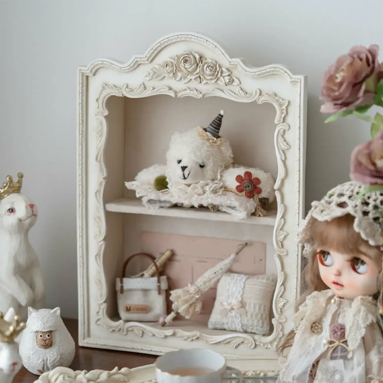 French Country Classic Wall Mount Carved Display Cabinet