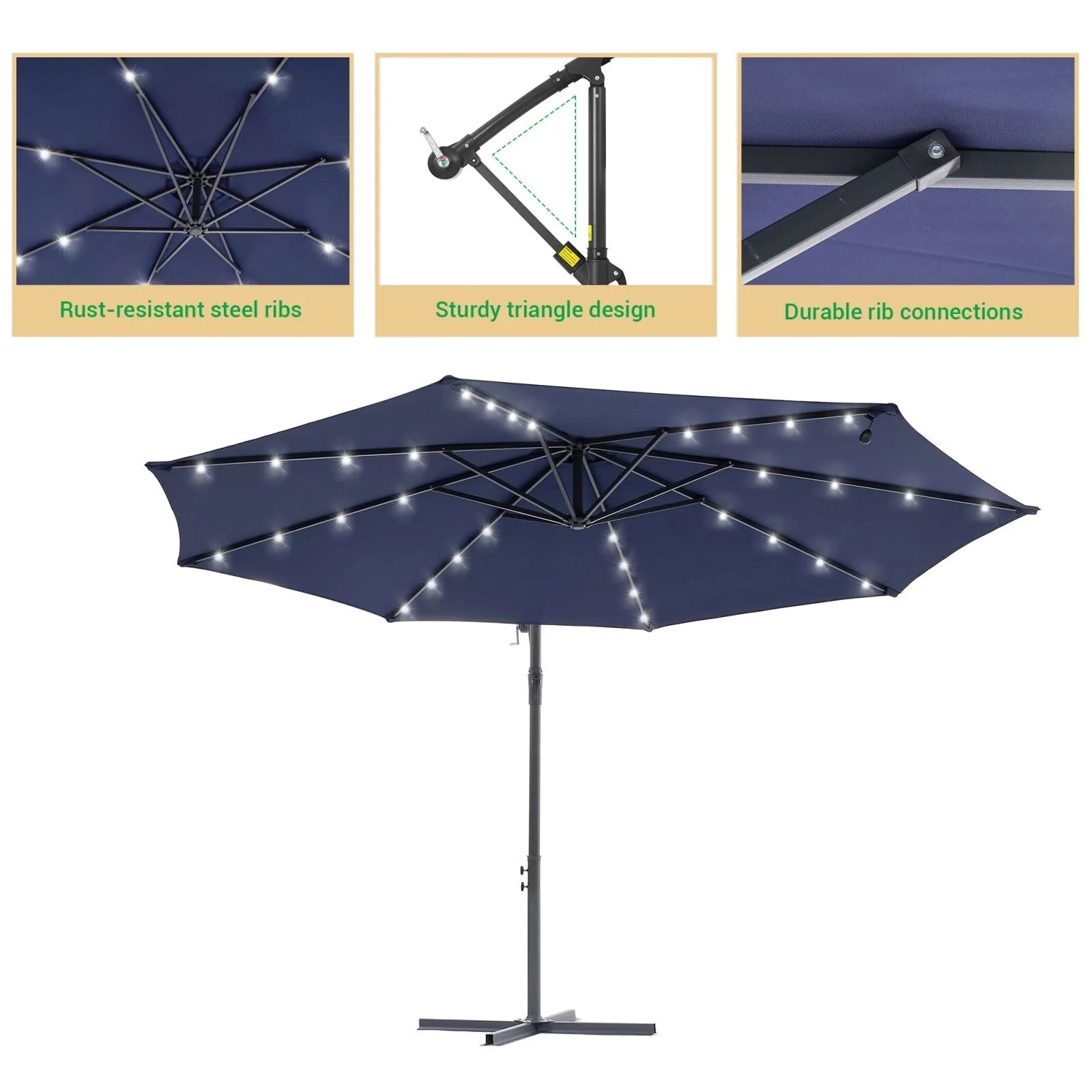 LIVOOSUN 10ft LED Patio Offset Umbrella With Cross Base