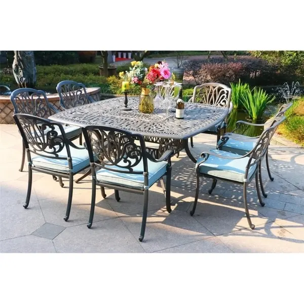 Saratoga 9-piece Gun Metal Aluminum Square Dining Set with 8 Cushioned Arm Dining Chairs