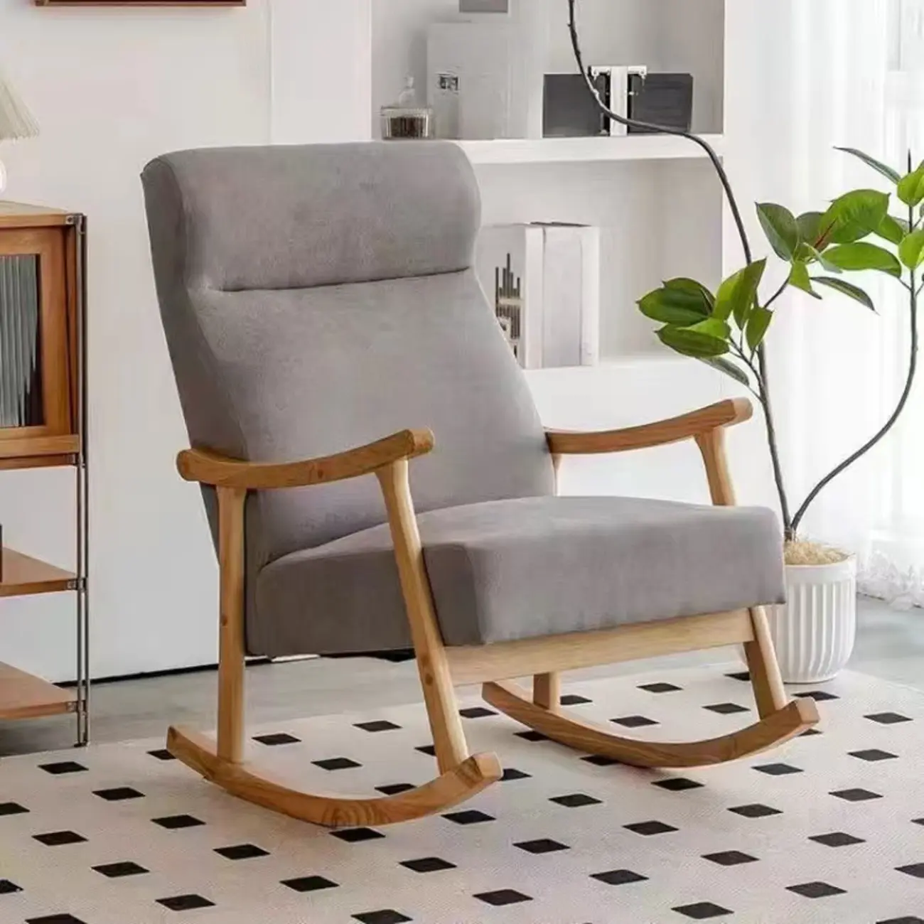 Modern Wood Upholstered Rocking Chair with Optional Ottoman
