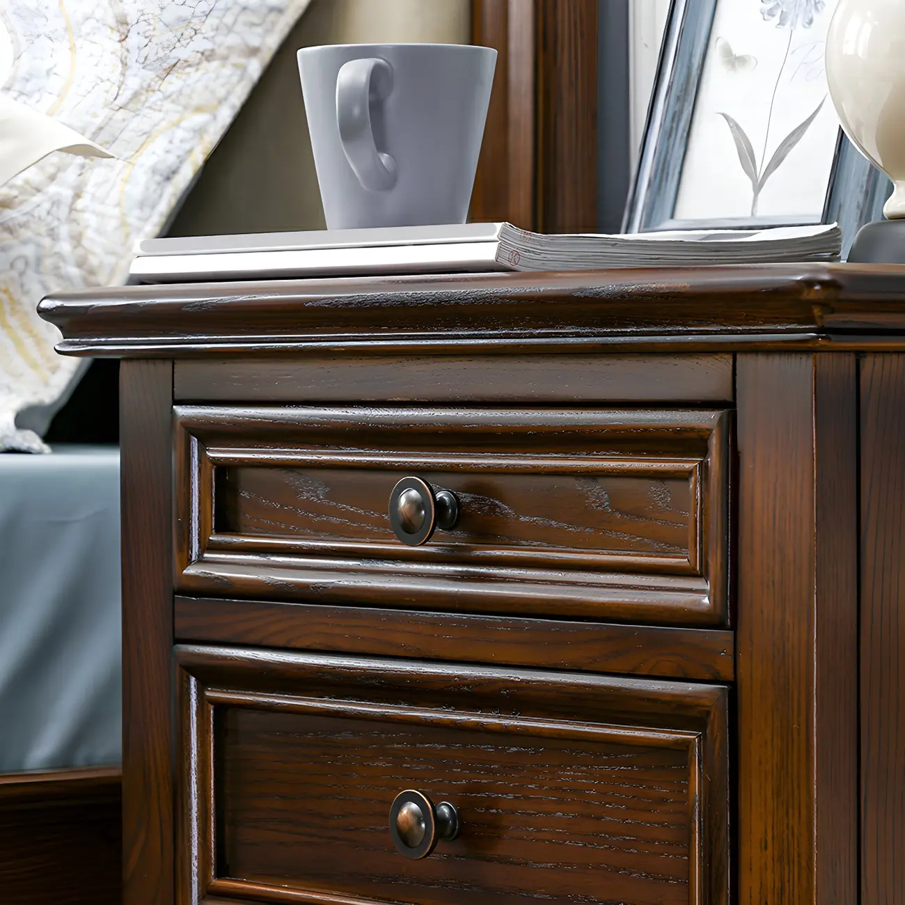 Compact Dark Walnut 3-Drawer Wood Nightstand