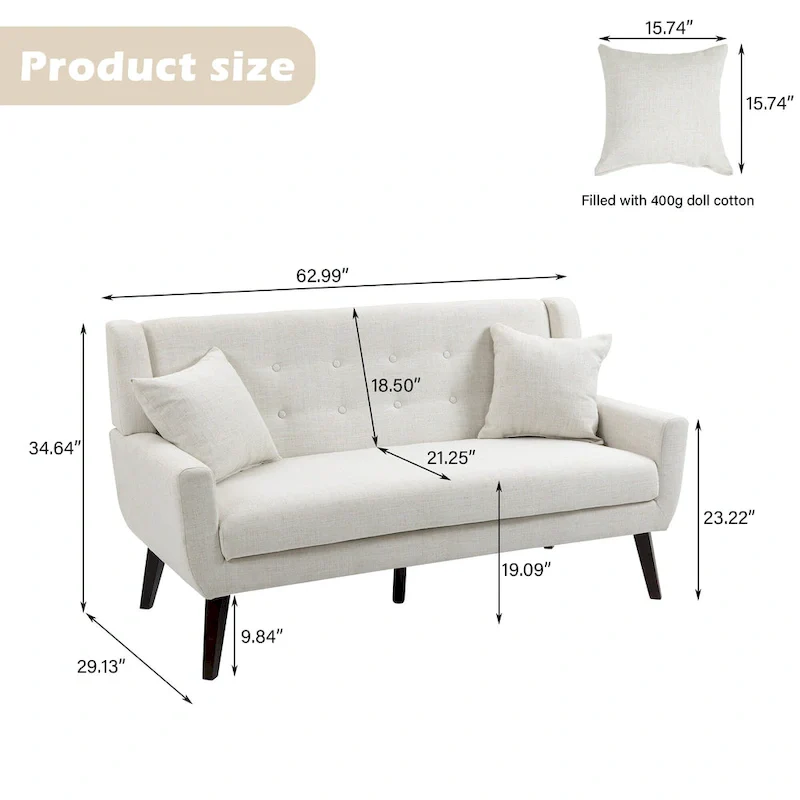 Modern Curved 63 Button Tufted Upholstered Loveseat with 2 Pillows