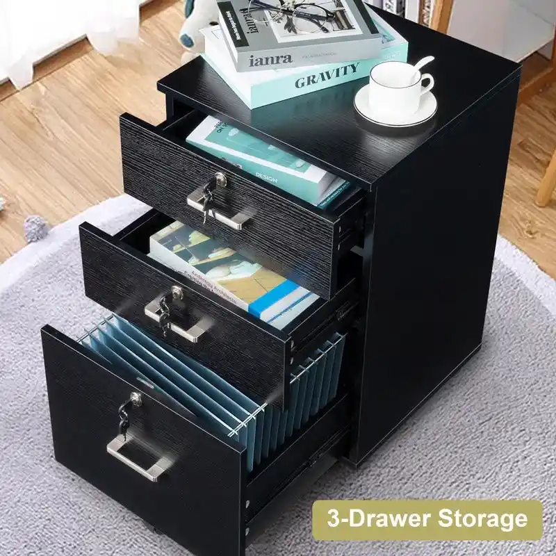3-Drawer Rolling Wood File Cabinet with Lock
