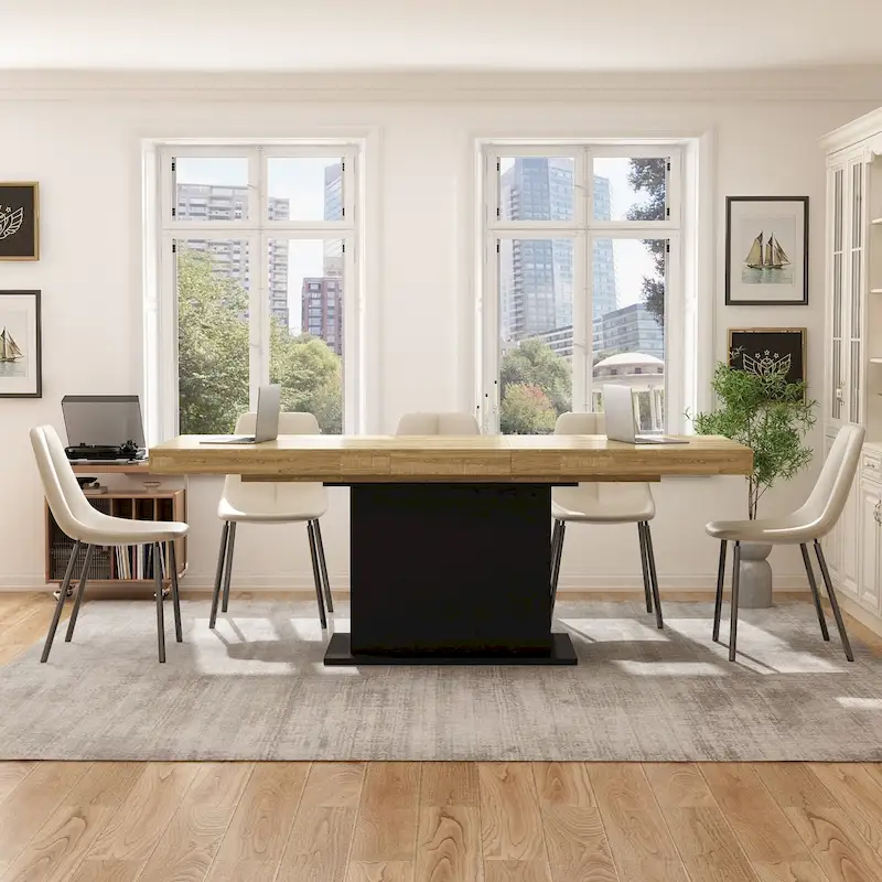 Extendable Dining Room Table Wood Finish Top Computer(Black/White)