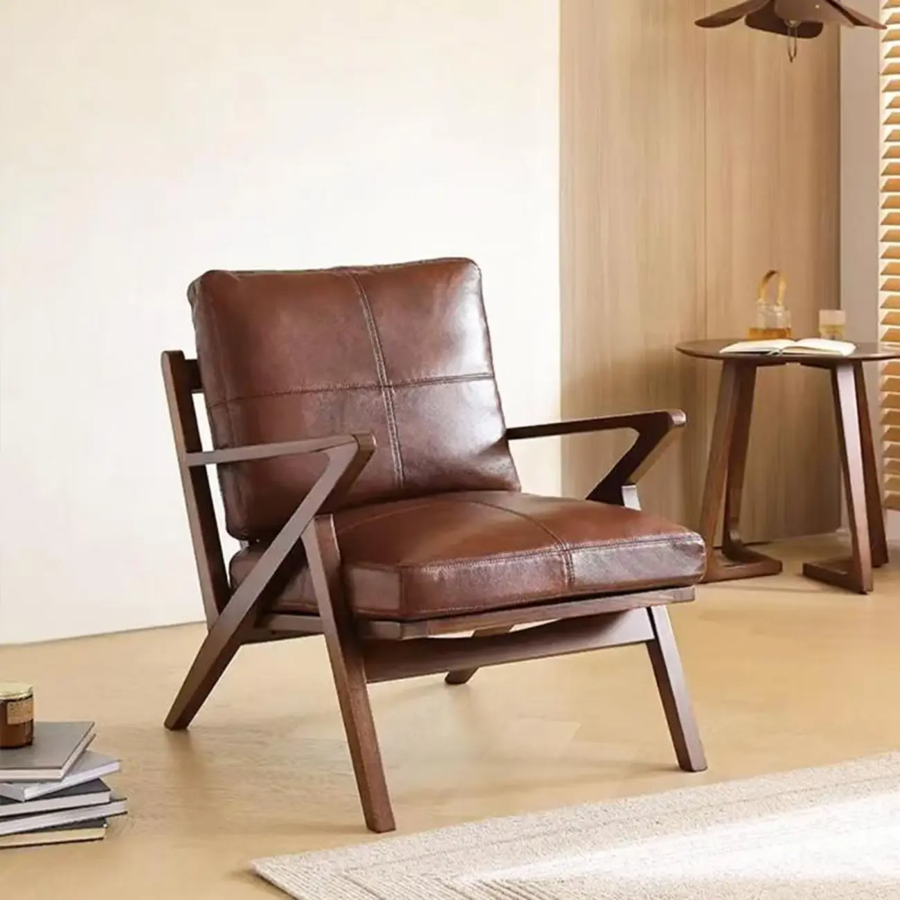 Mid-Century Modern Top Grain Leather Arm Chair Wood Frame