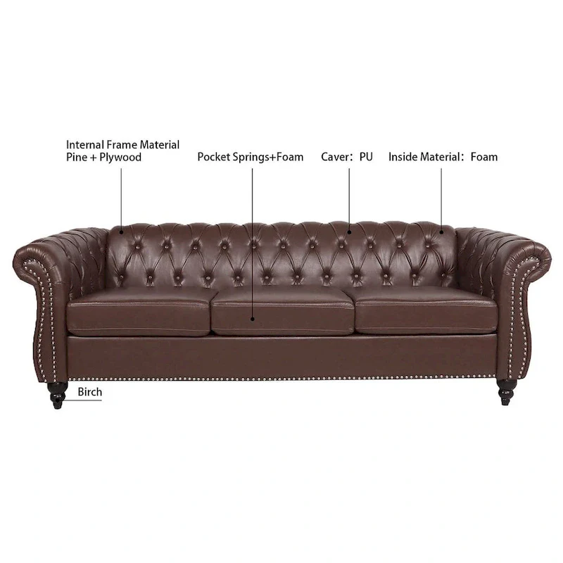 84.65 Chesterfield Tufted Faux Leather Sofa with Rolled Arms