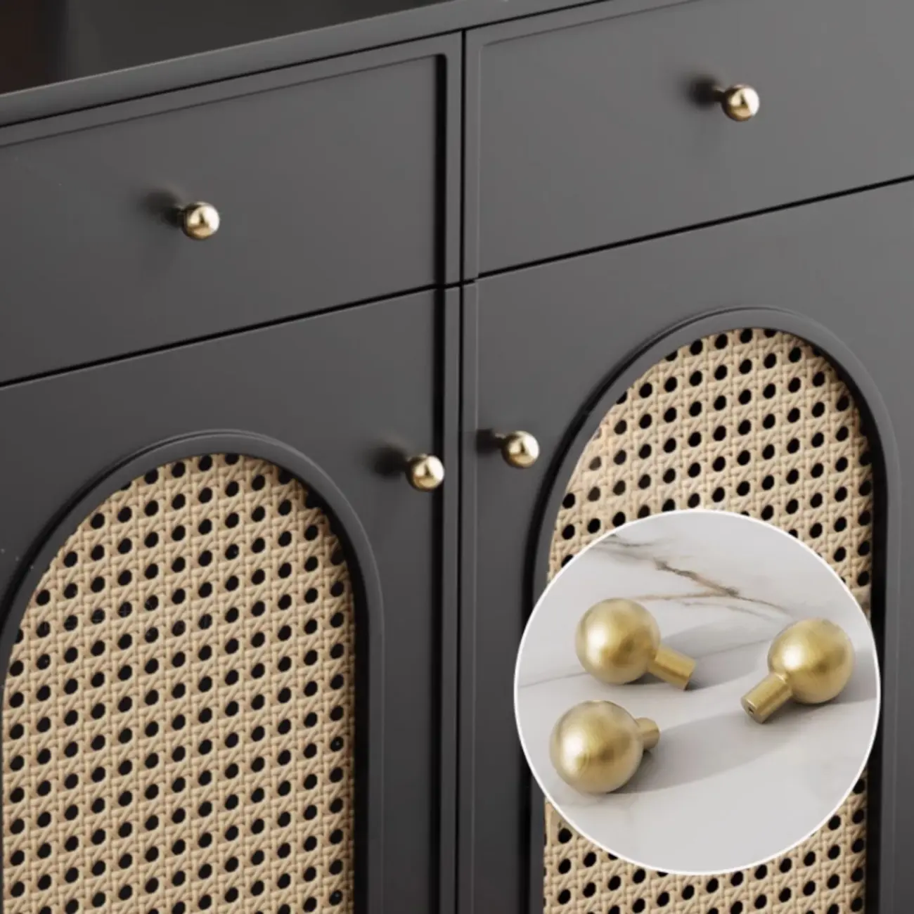 Traditional 3-Layer Rattan Wooden Black Sideboard Cabinet