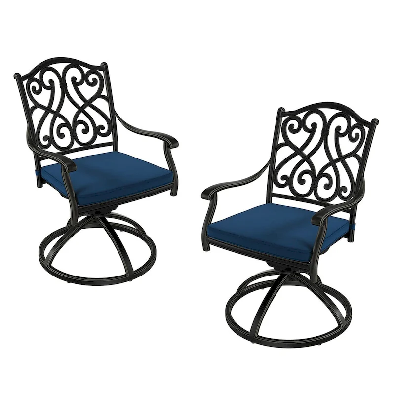 Patio Cast Alum Carved Swivel Dining Chairs with Cushions(Set of 2)
