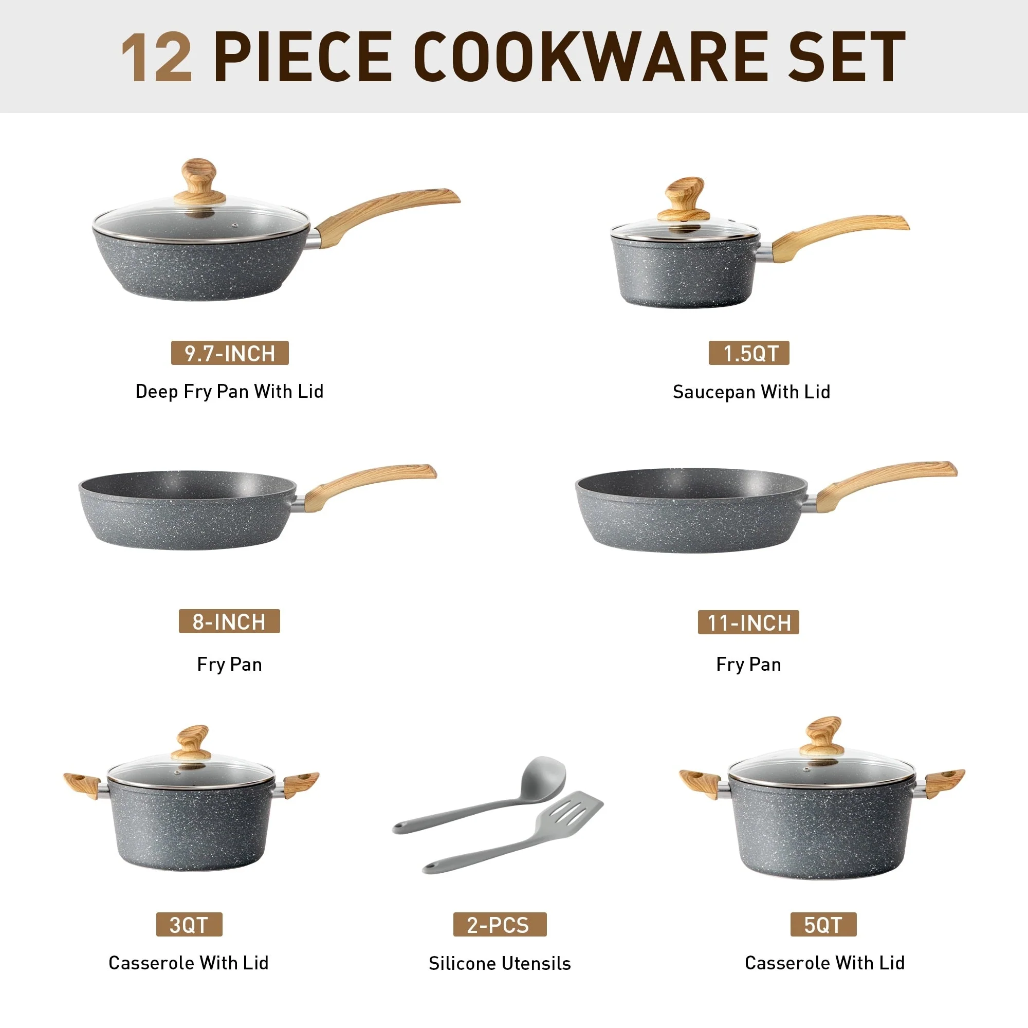 Kitchen Cookware Sets Nonstick, 12 Piece Pots and Pans Set Granite Cooking Set
