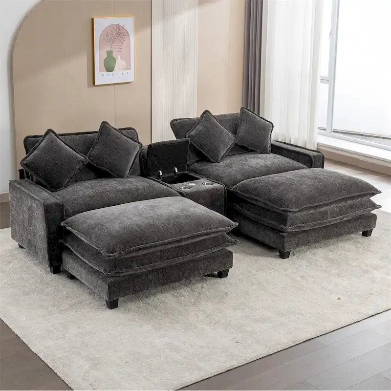 112.6 Chenille Upholstered Sectional Sofa with Two Removable Ottoman