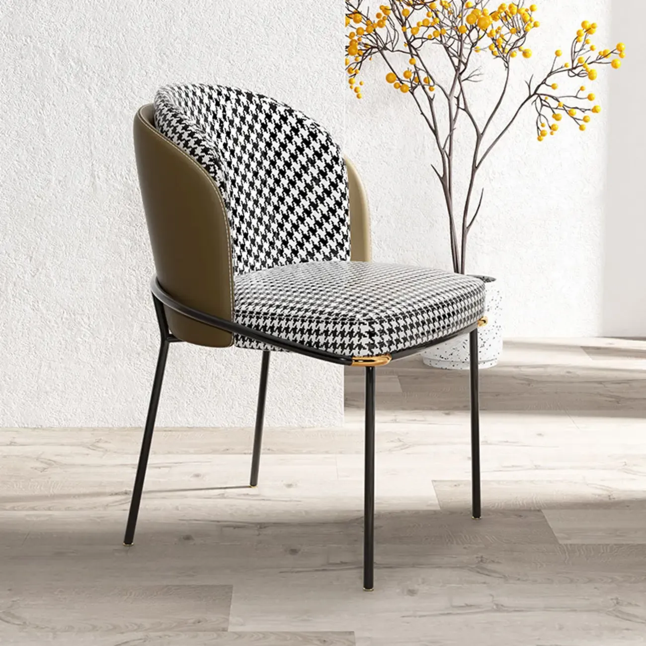 Curved Back Houndstooth Pattern Upholstered Dining Chair