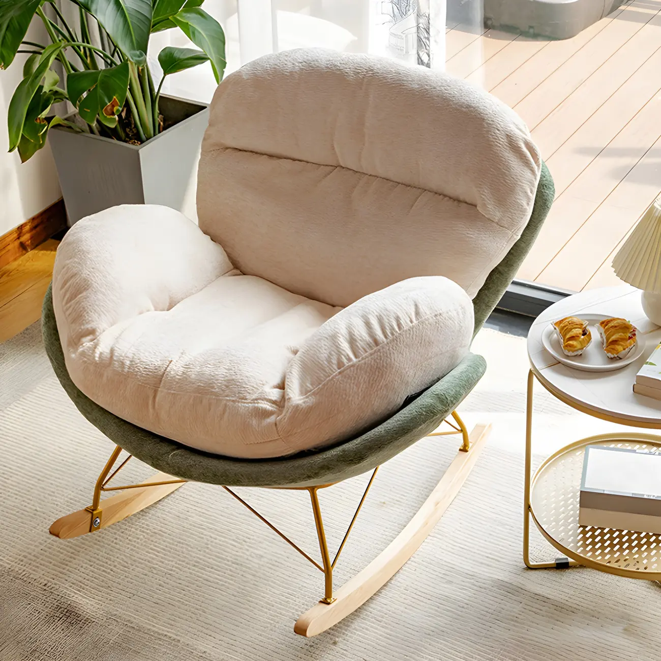 Modern Velvet Upholstered Rocking Chair with Wood Legs
