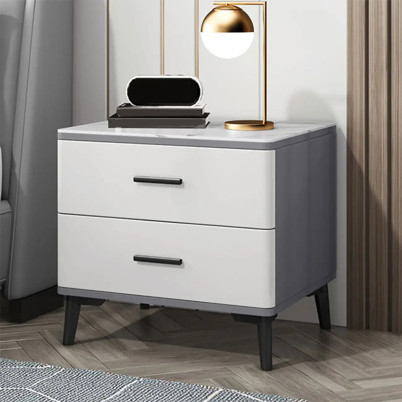 Modern White Stone Top Oak 2-Drawer Nightstand