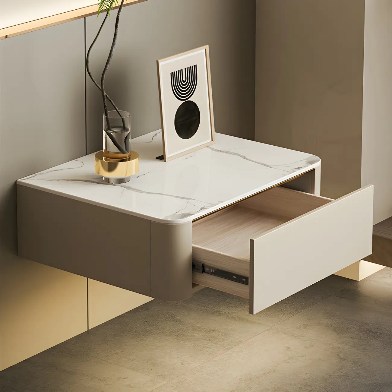 Low Beige Leather Stone Top Floating Nightstand with Drawer