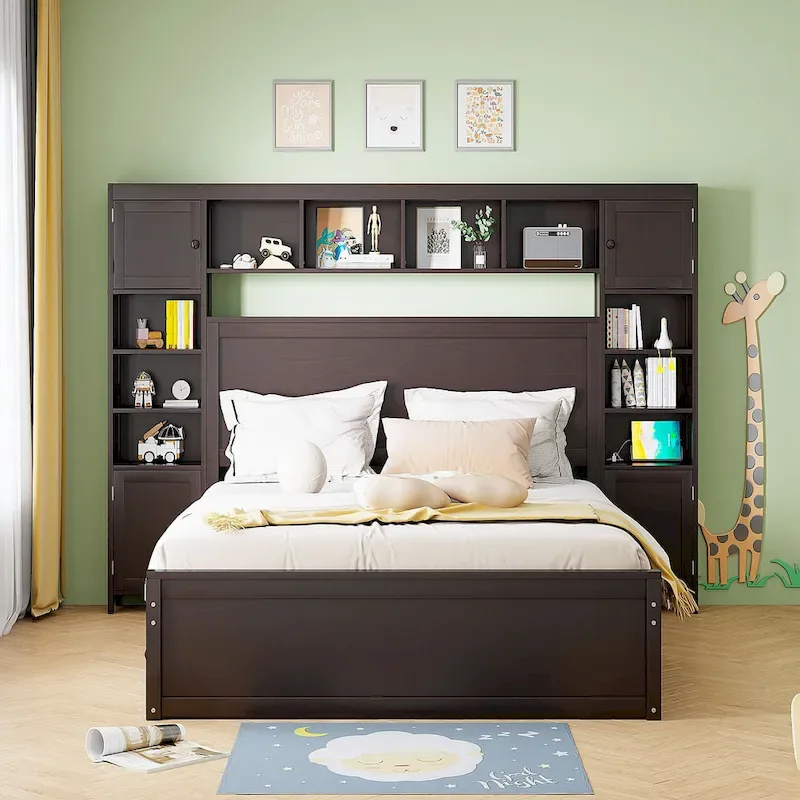 Modern Wooden Bed with Cabinet, Shelf, and Sockets