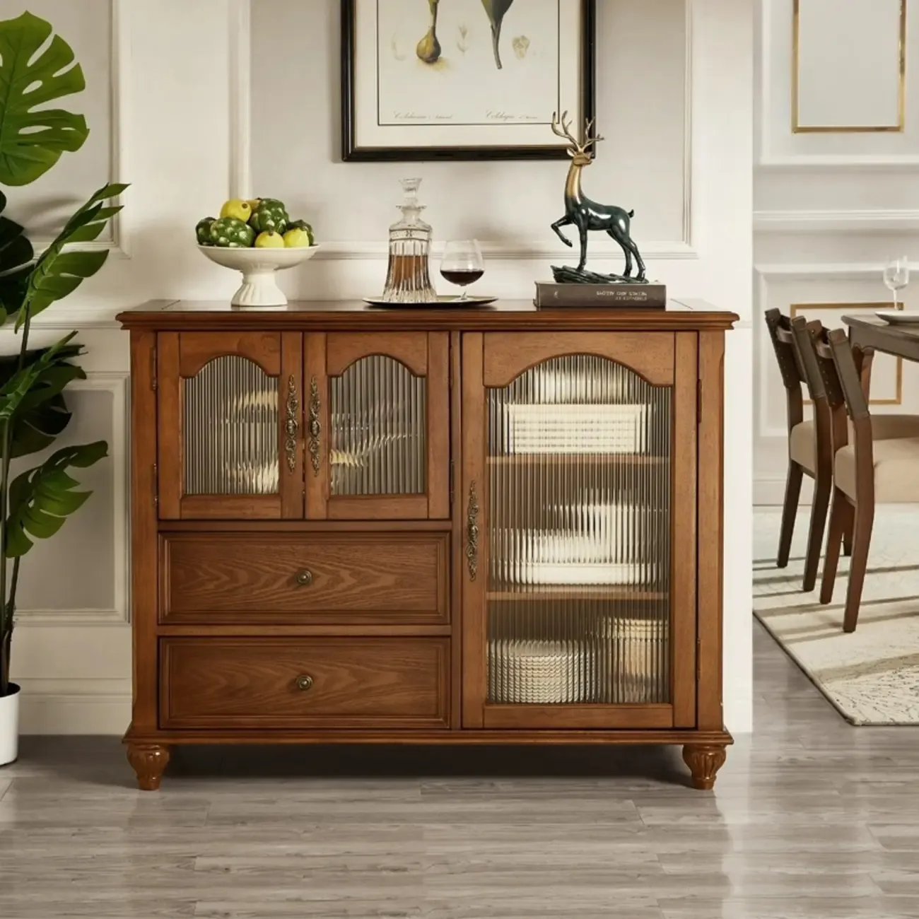 Traditional Wooden Sideboard with Glass Doors and Cabinets