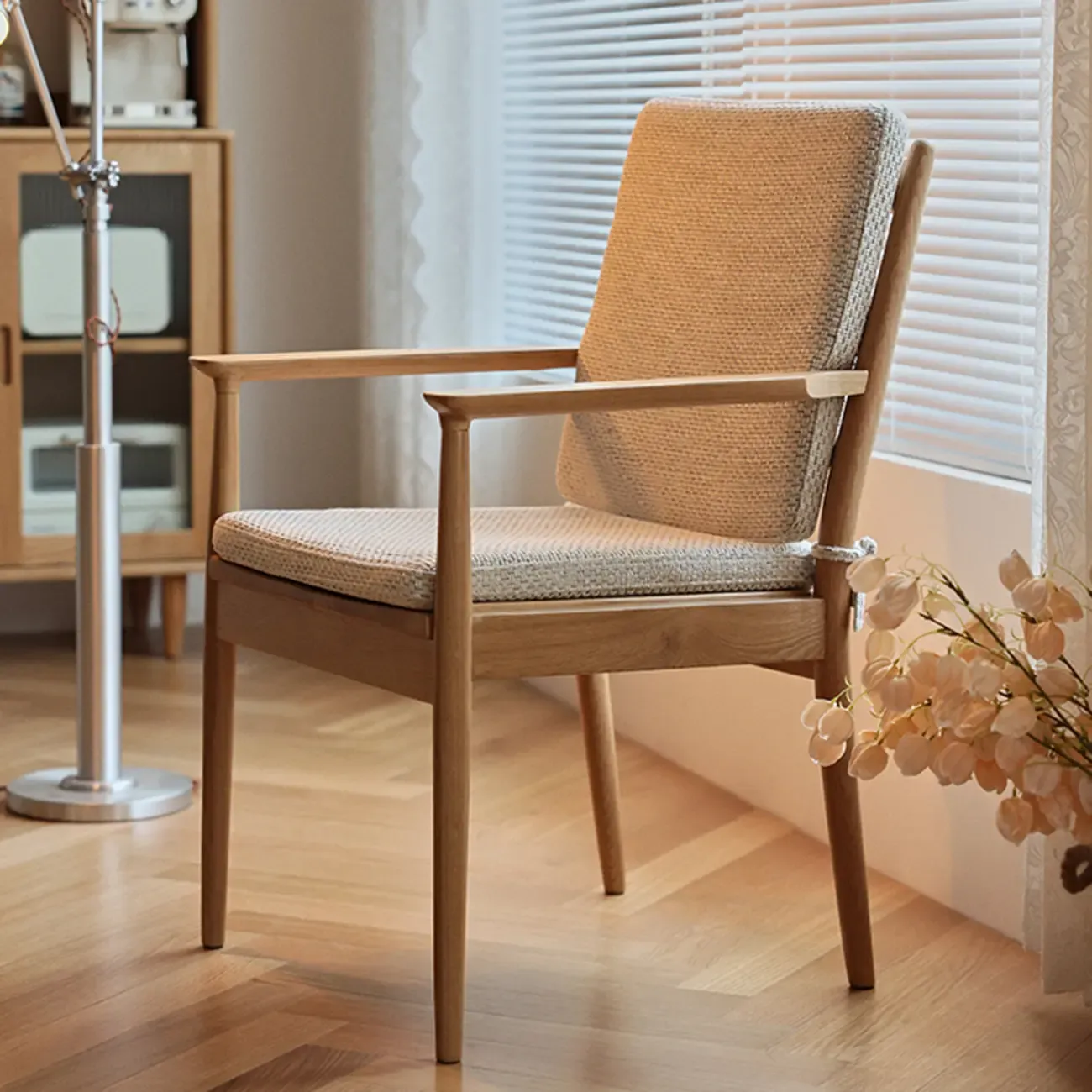Scandinavian Upholstered Arm Wooden Dining Chair