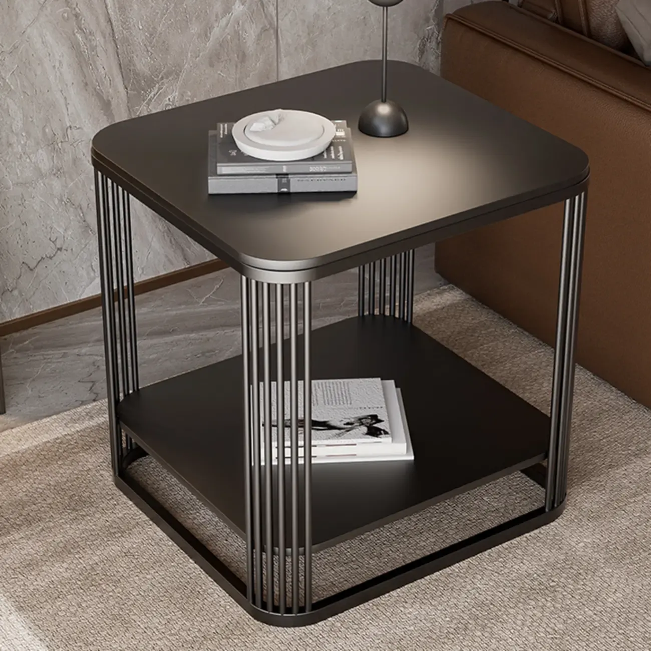 Sleek Square Stone Top Metal Frame Side Table in White/Black
