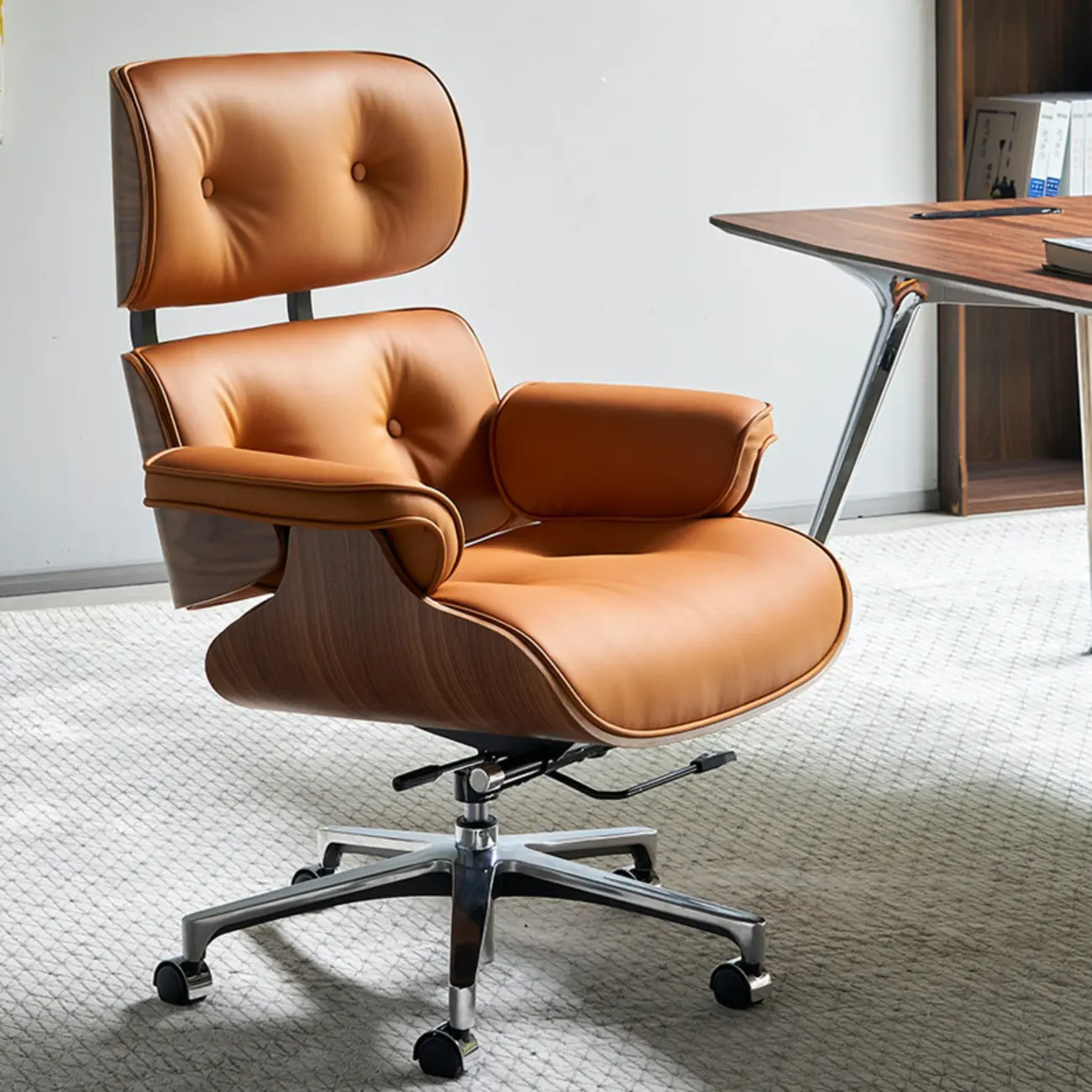 Mid-Century Modern Ergonomic Office Chair Genuine Leather