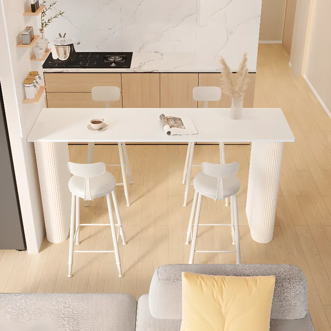 Modern White Stone Top Metal Double Pedestal Bar Tables