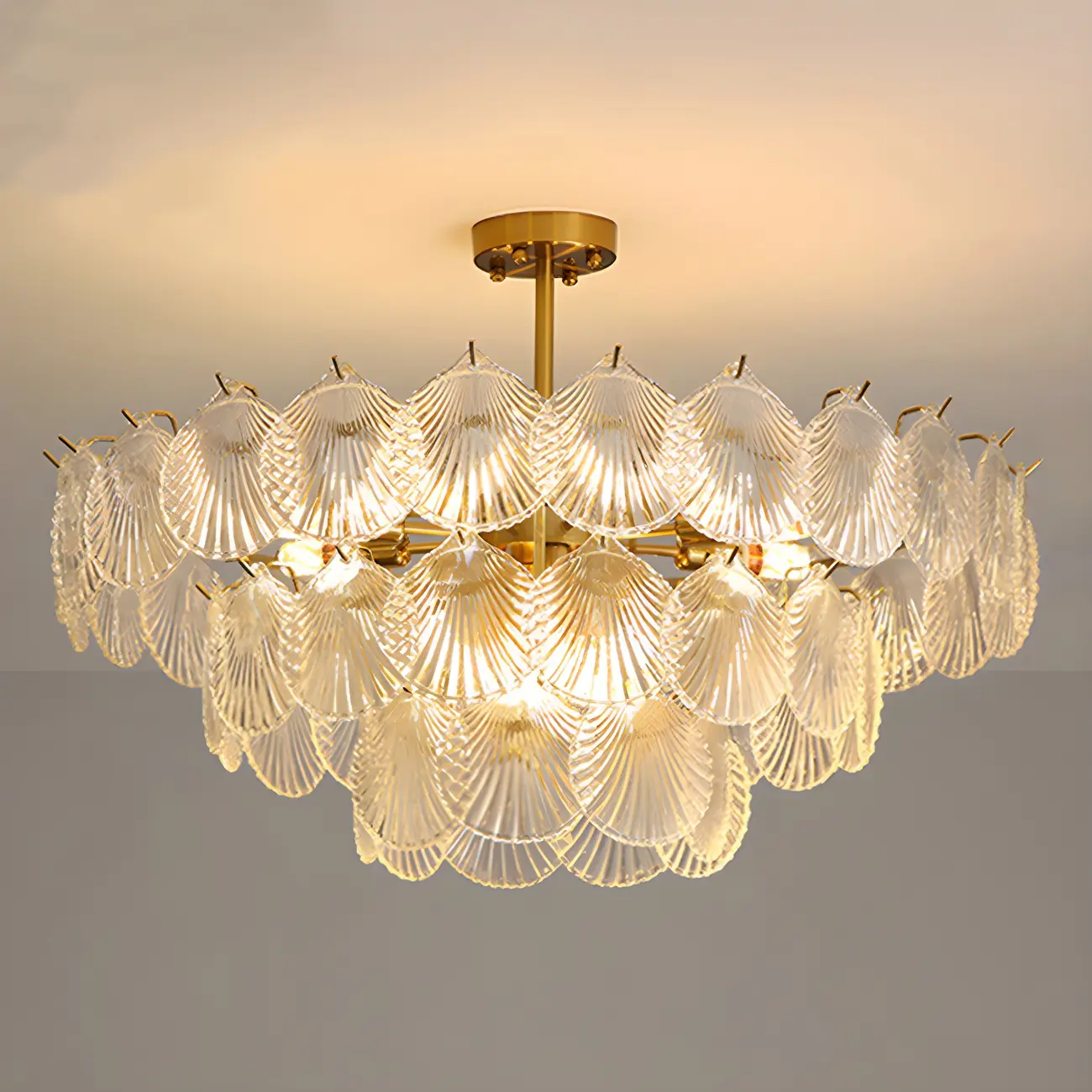Adjustable Elegant Gold Unique Layered Scallop Glass Chandelier