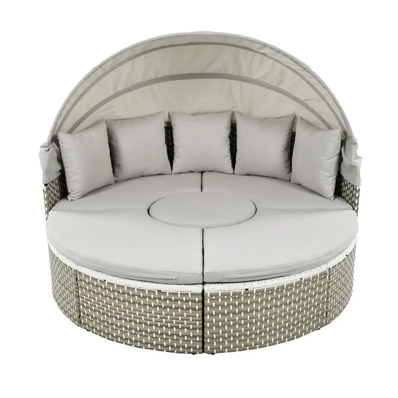 Round Patio Sectional Sofa Set  Two-Tone Rattan Daybed with Retractable Canopy & Modular Seating
