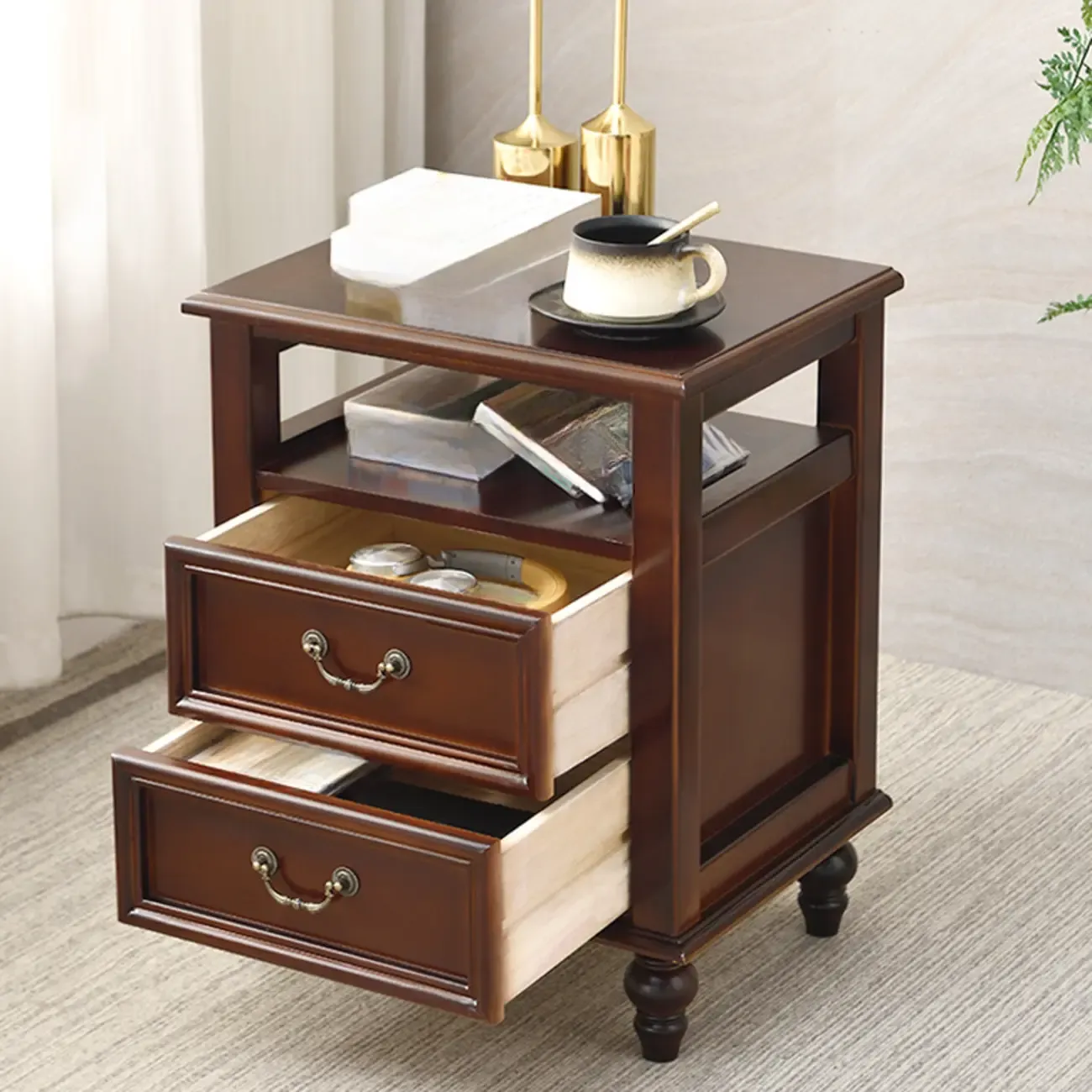French Small 3-Tier Nightstand with Bronze Handles