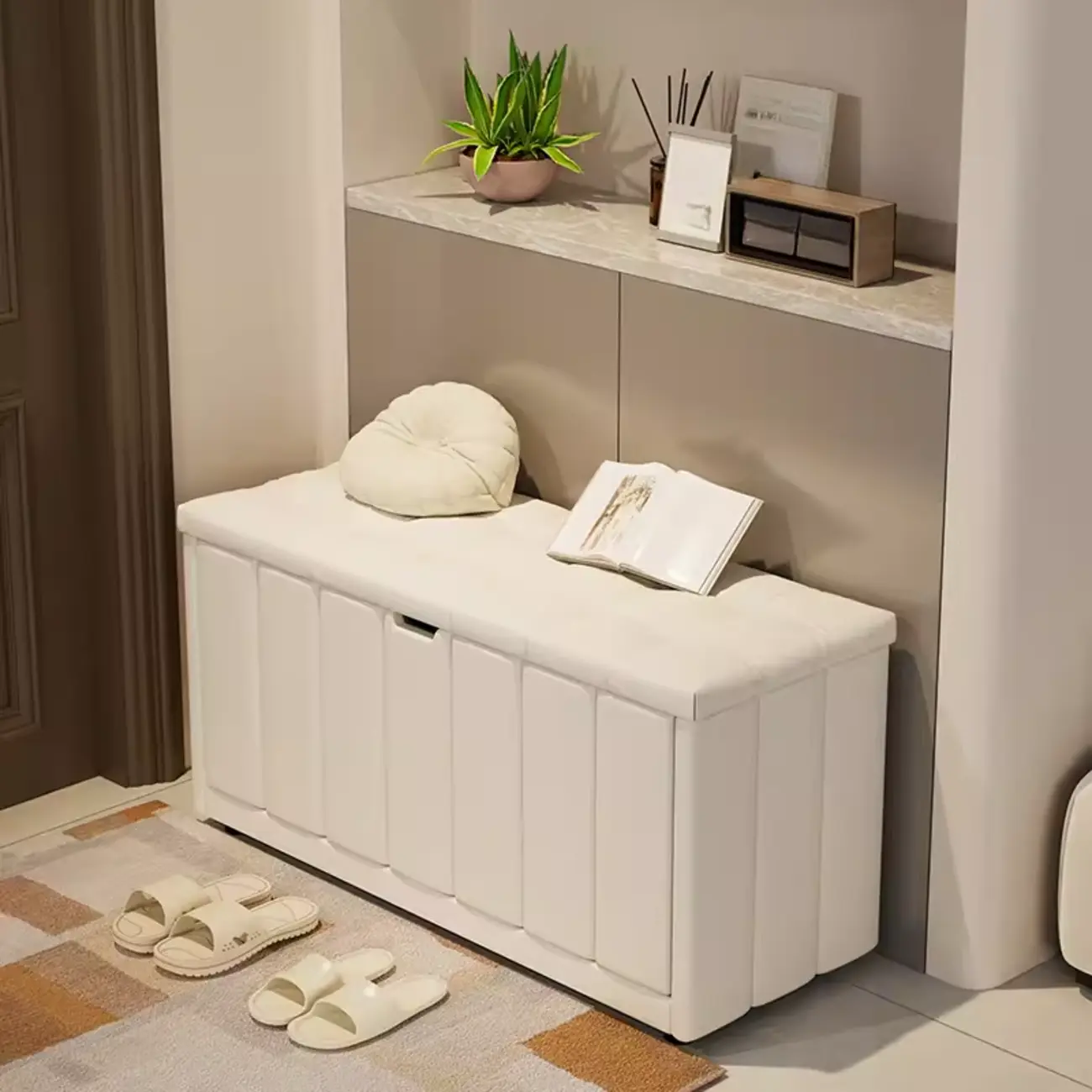 Adjustable Shelves Drop Front Wood Cushioned Shoe Bench