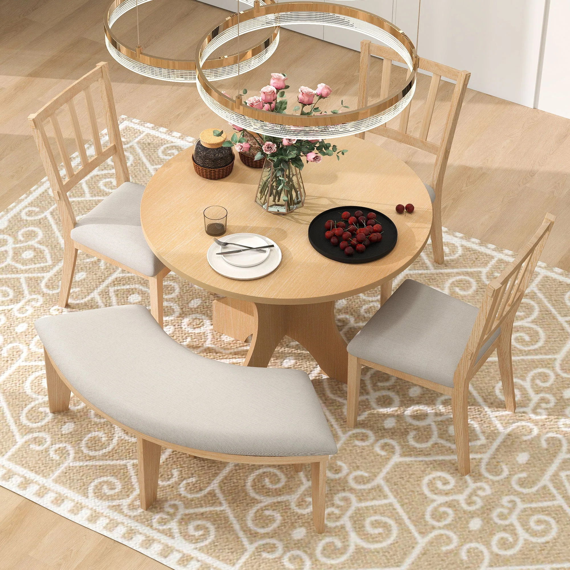 Walker Edison | Charming 5-Piece Rustic Round Dining Set with Chairs and Curved Bench
