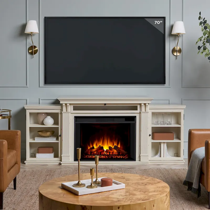 Tracey 84   TV Stand Electric Fireplace in Distressed White by Real Flame
