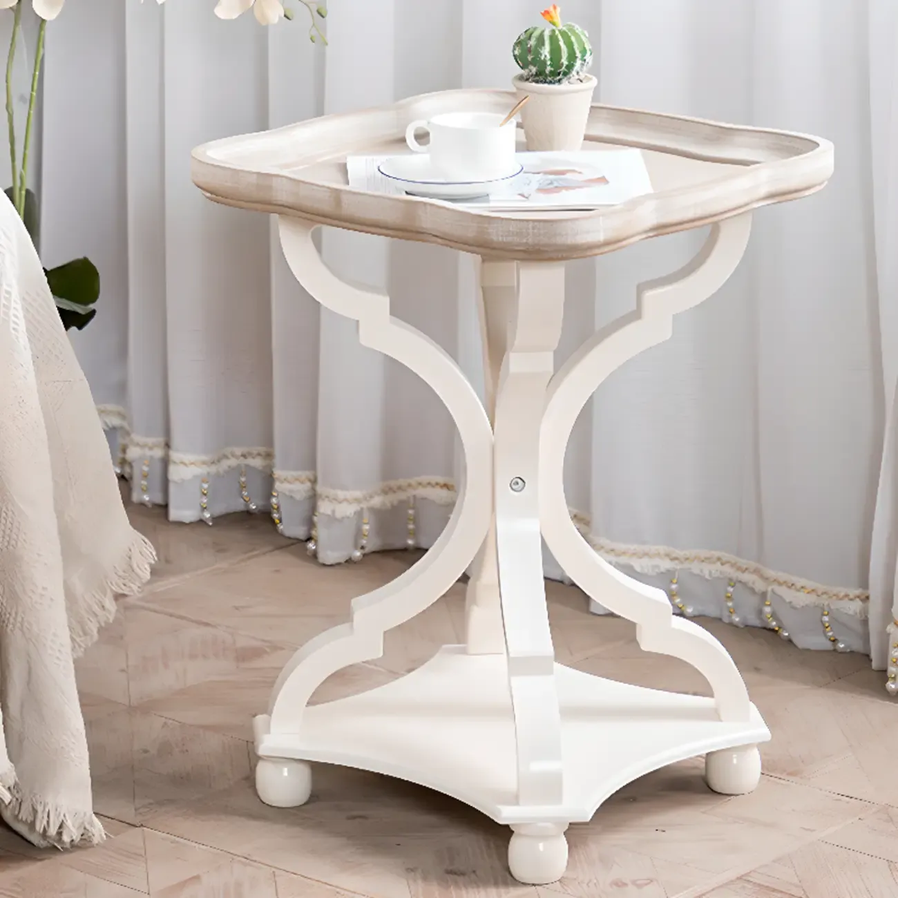 Glam White Wooden Accent Side Table with Tray Top for Bedroom