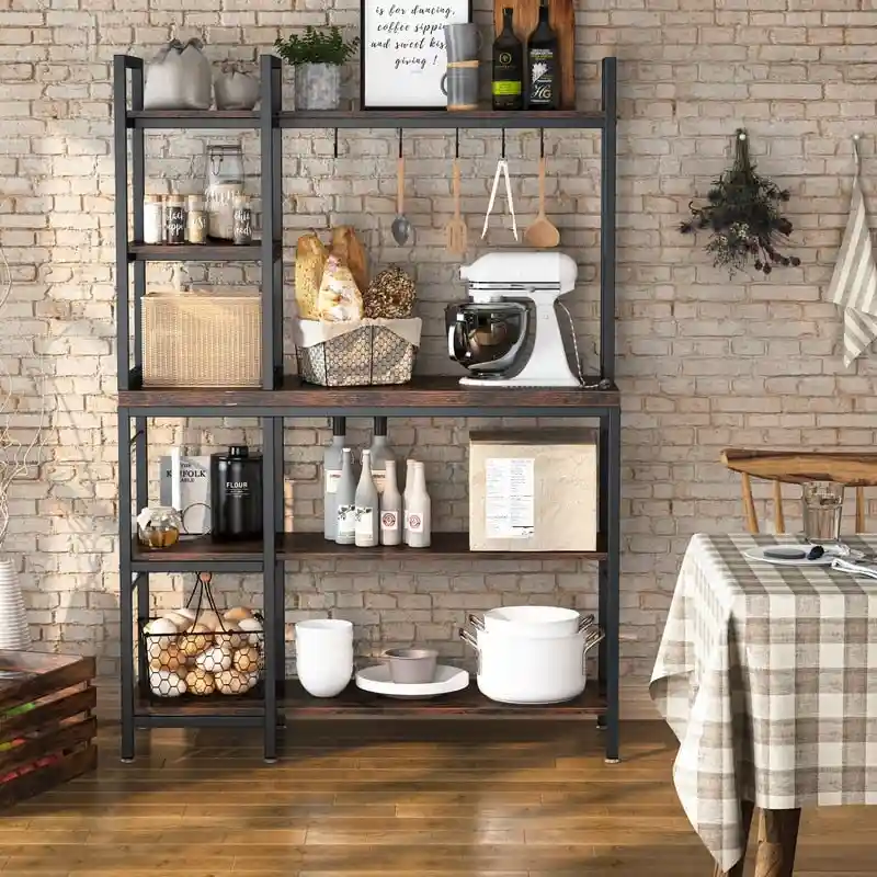 4-Tier Rustic Brown Bakers Rack with S-Shape Hooks