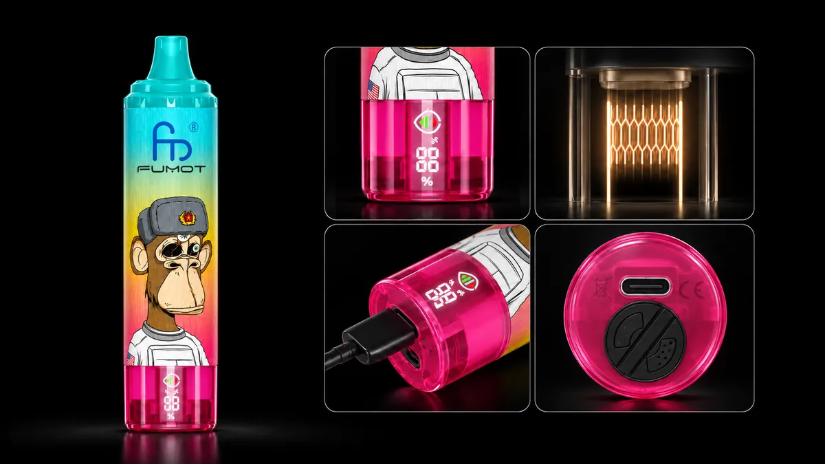 FUMOT Tornado 15000 Aloe Lemon Berries – Detailansichten von Display, Heizsystem, USB-C-Anschluss und Luftregulierung