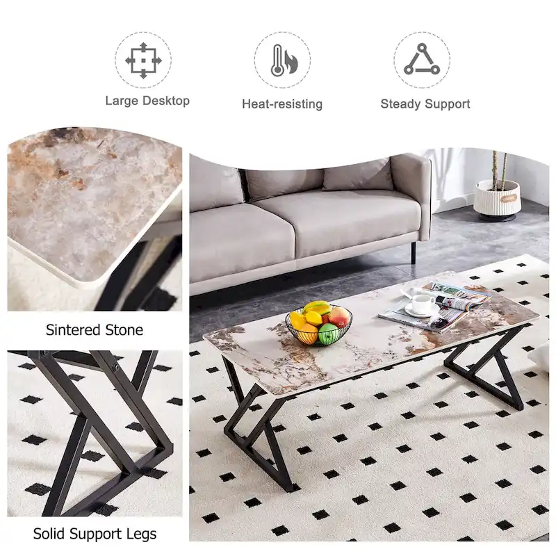 47 Modern Rectangular Coffee Table with Sintered Stone Tabletop and X-shaped Metal Legs