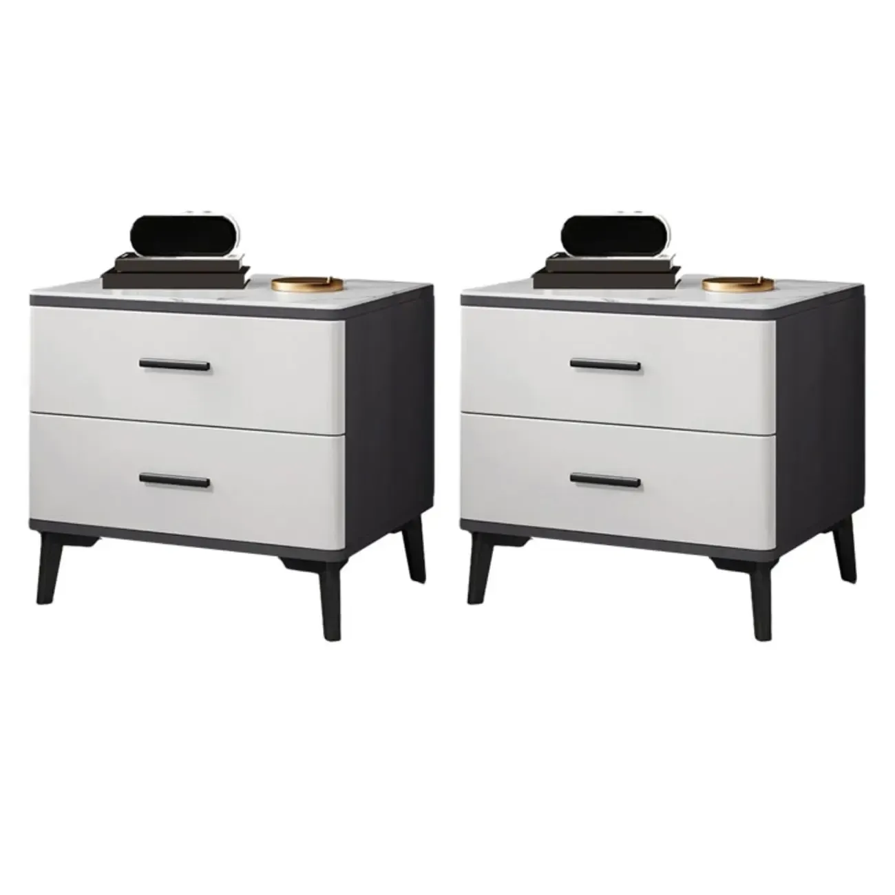 Modern White Stone Top Oak 2-Drawer Nightstand