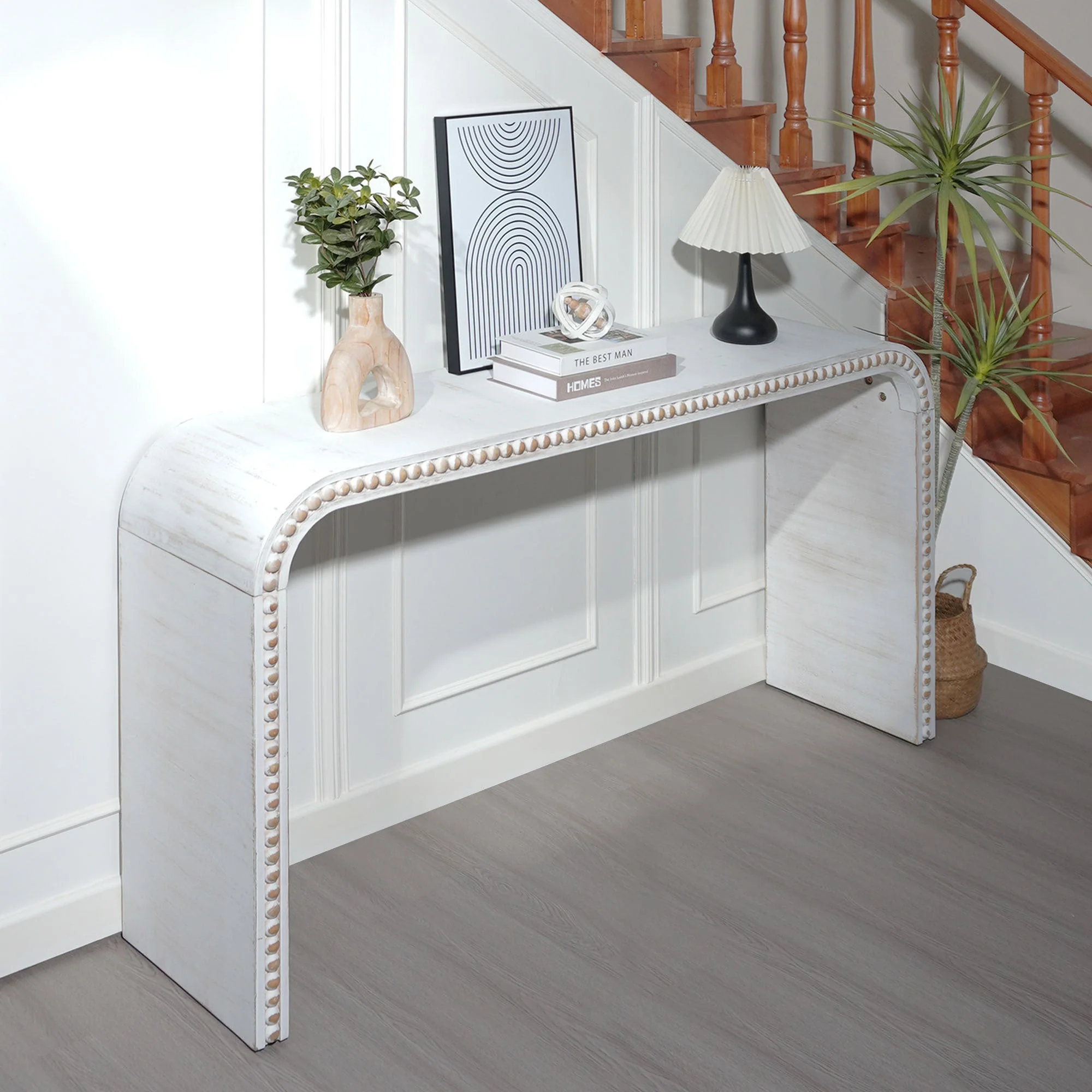 Walker Edison | Curve Design Washed White 59 Entryway Console Table