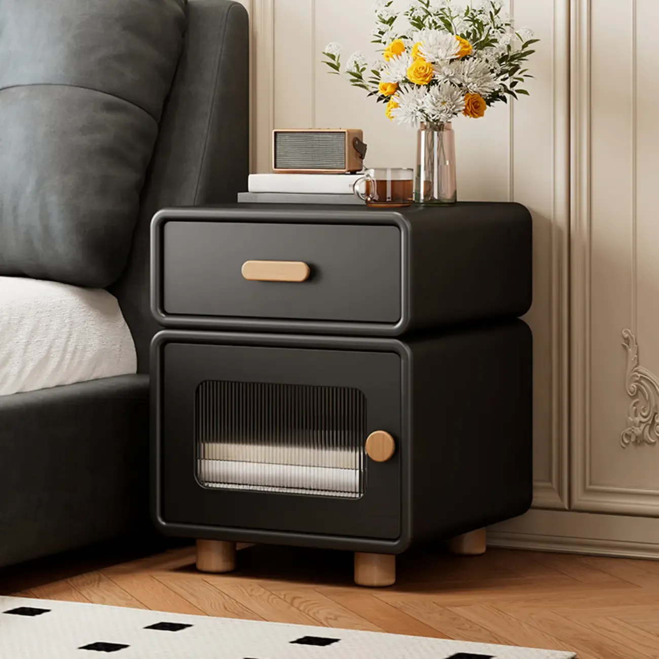 Durable Sleek Edge Wood Cream Bedside Cabinet Nightstand