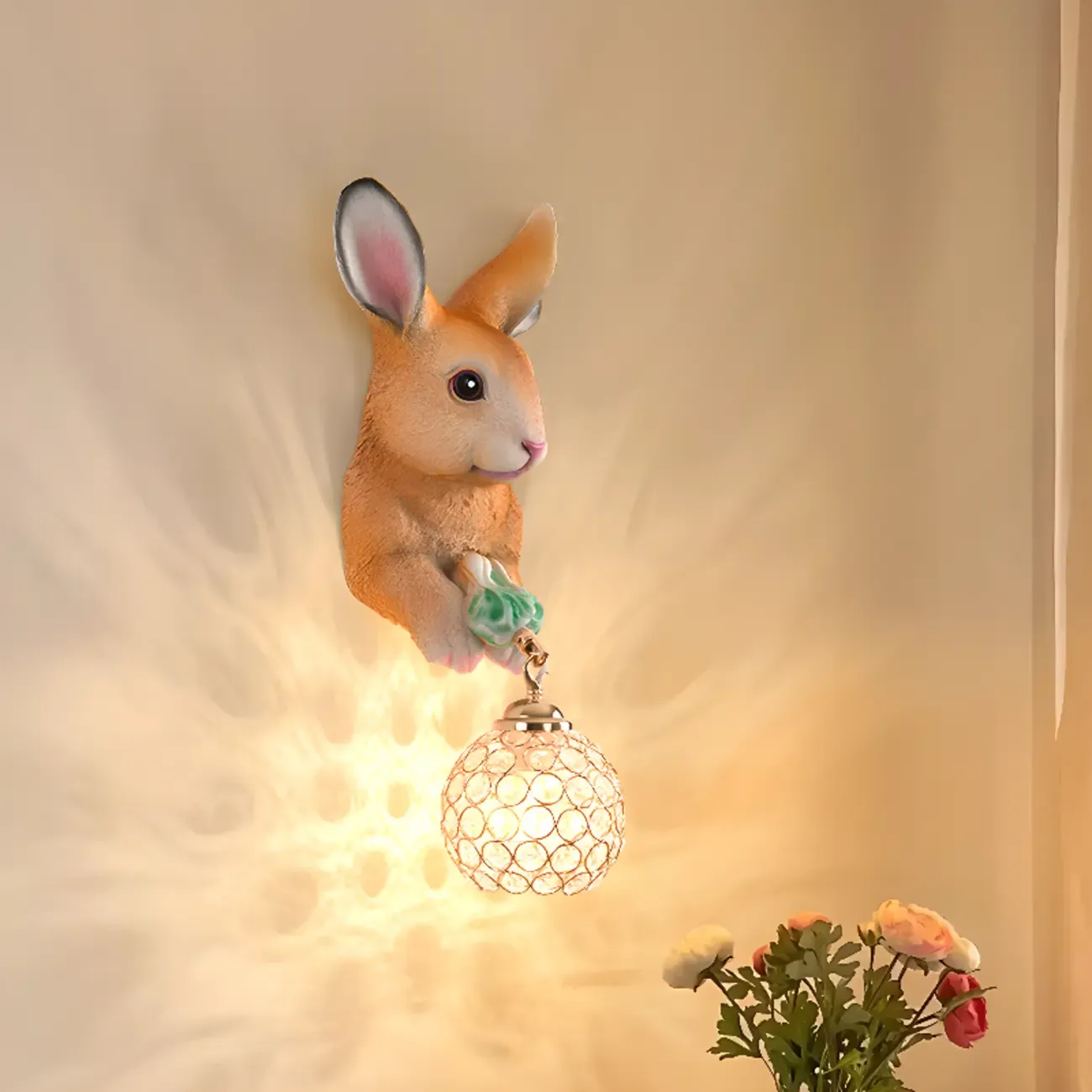 Kids Rabbit-Shaped Resin Wall Sconce with Crystal Shade