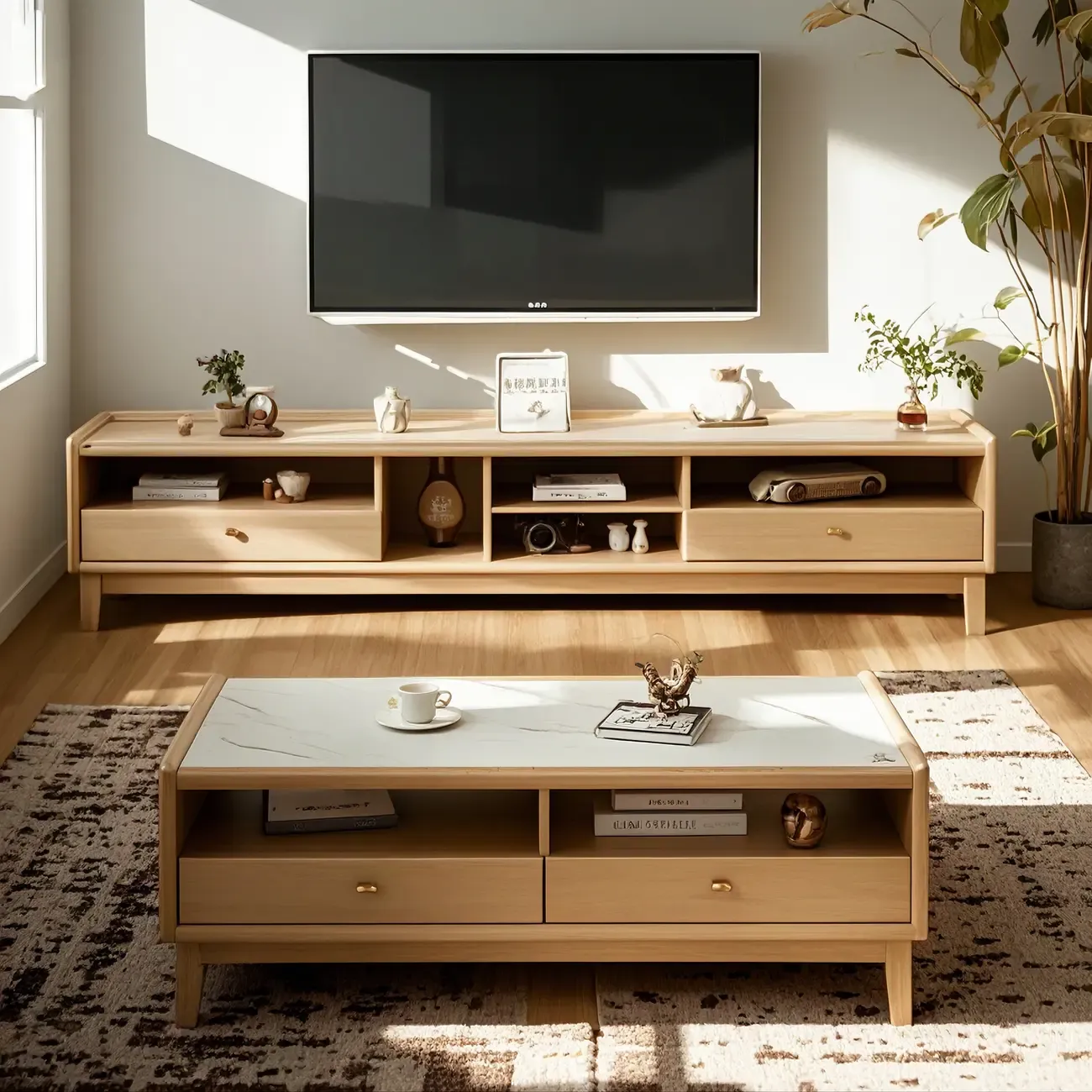 Modern Natural Wood TV Stand with Open Storage for Living Room