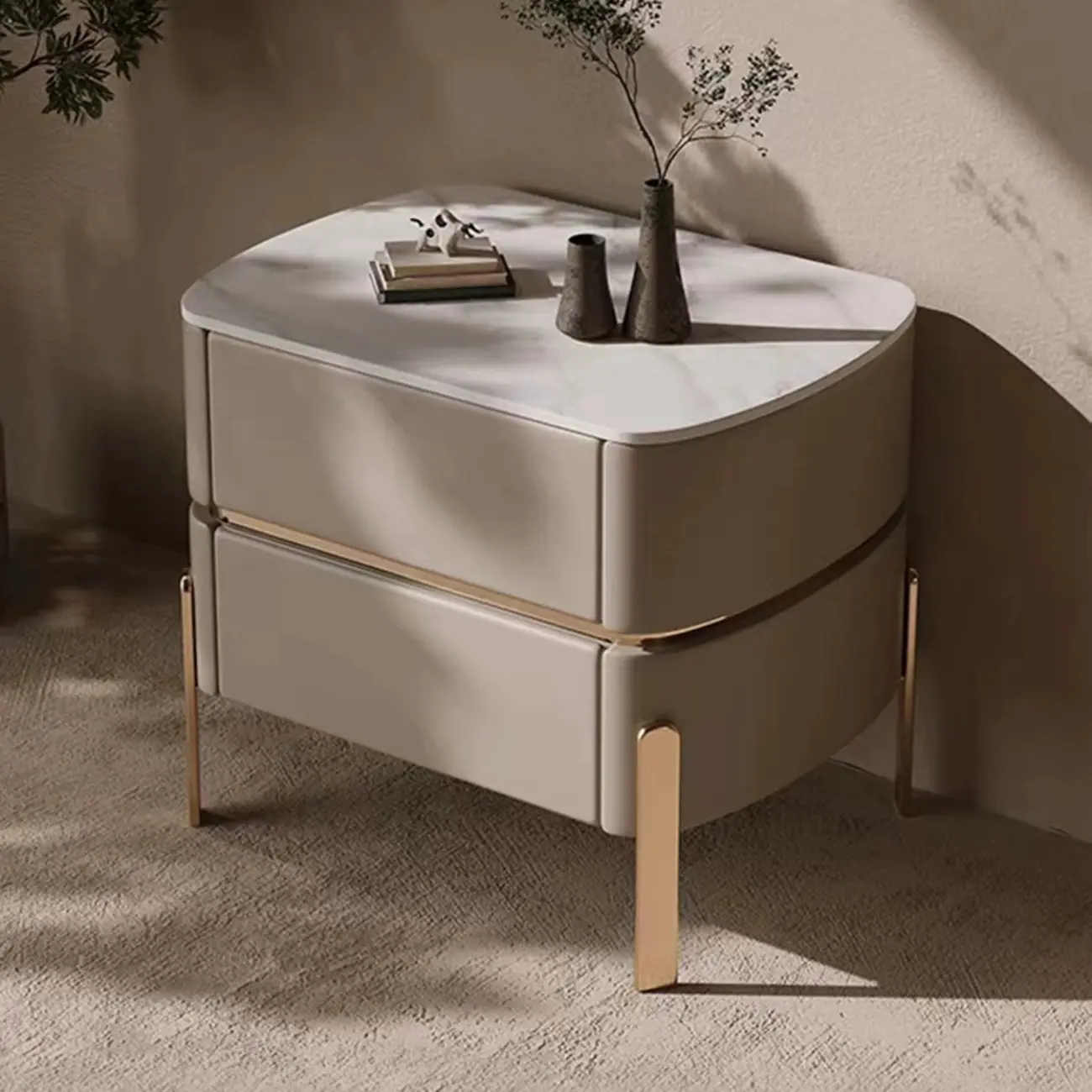 Glam Beige Leather Stone Top 2-Drawer Nightstand