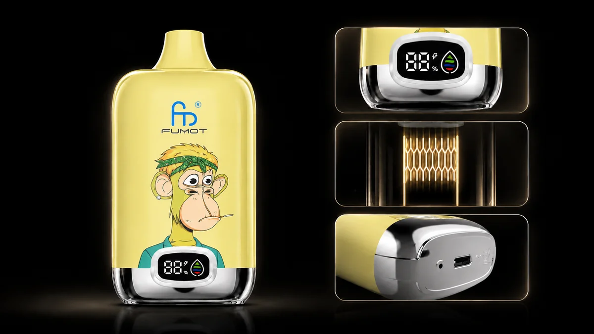 Fumot Digital Box 12000 Pineapple Ice Vape Funktionsdetails mit Display, Mesh Coil und Ladeanschluss
