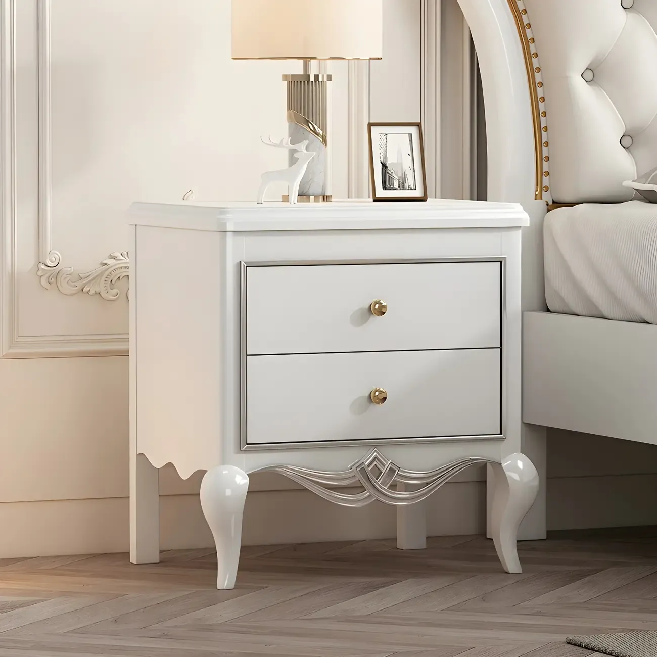 Glam Rubberwood White 2-Drawer Nightstand with Legs