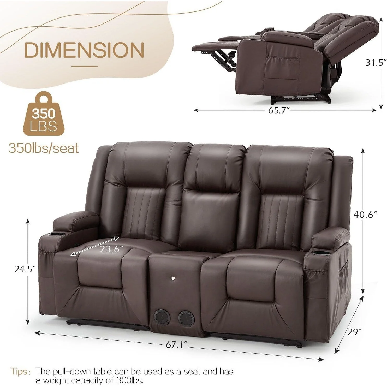 AECOJOY Recliner Sofa Manual RV Reclining Couch PU Home Theater Seating w/ Console