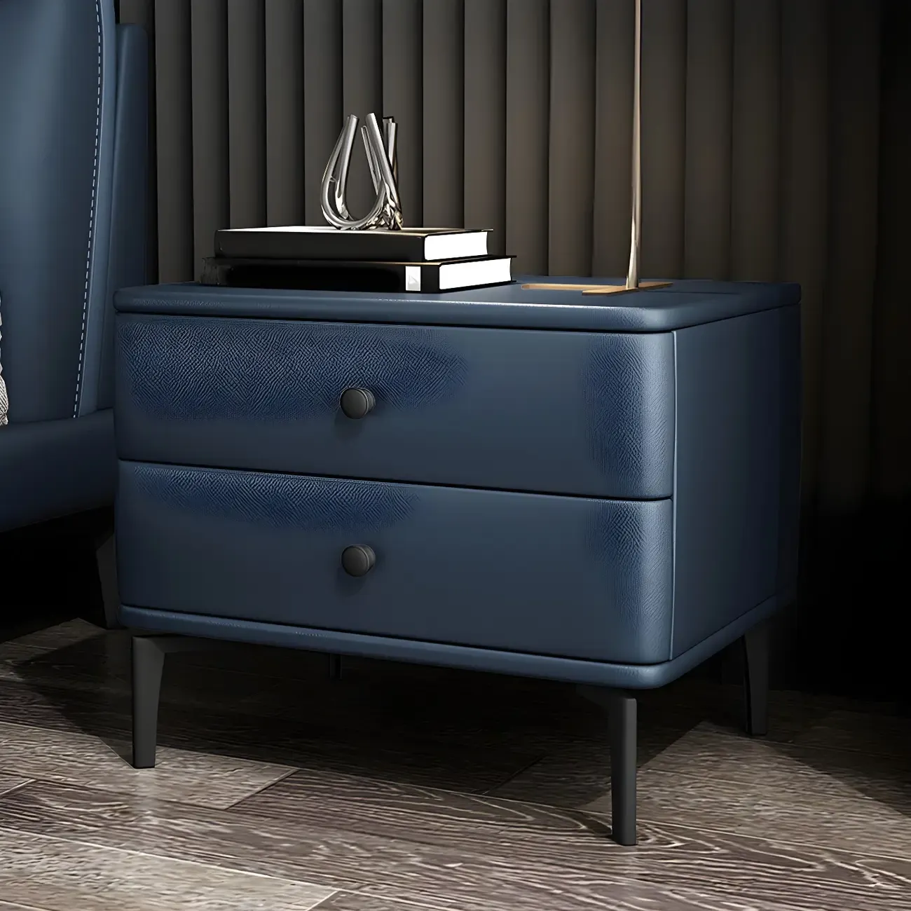 Modern Black Leather Bedside Table with Drawers