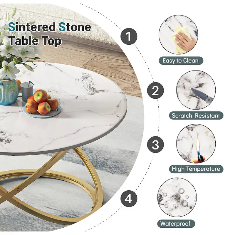 Myhozm Accent Round Glass/Stone Top Coffee Table with Metal Base