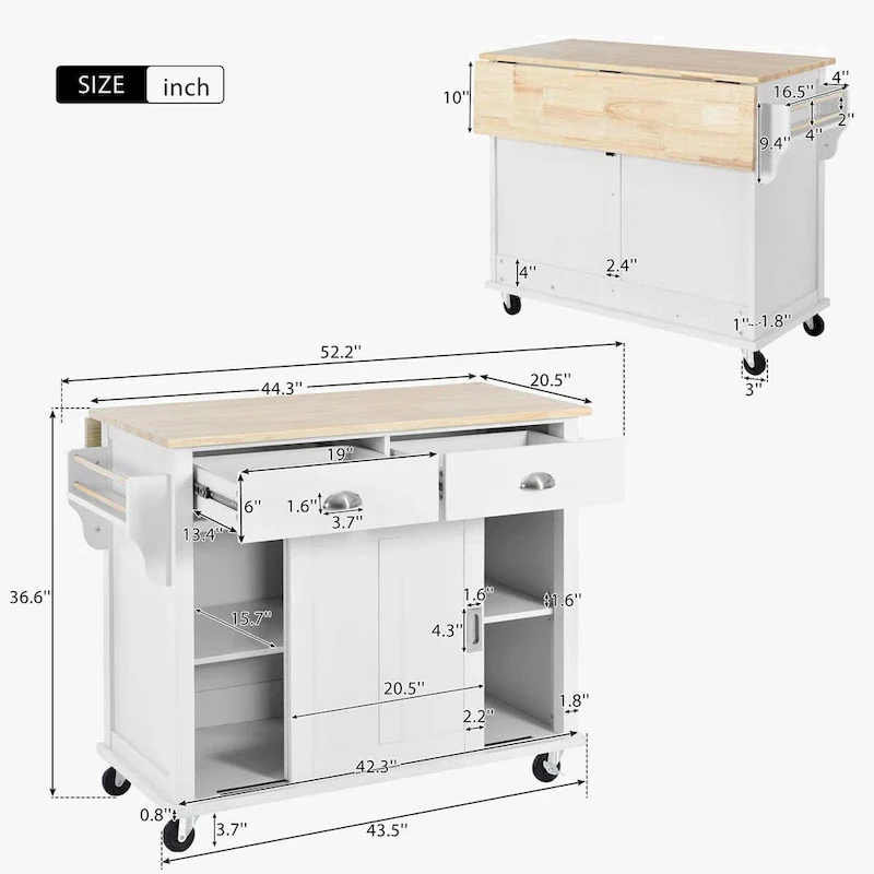 Kitchen Cart with Rubber wood Drop-Leaf Countertop