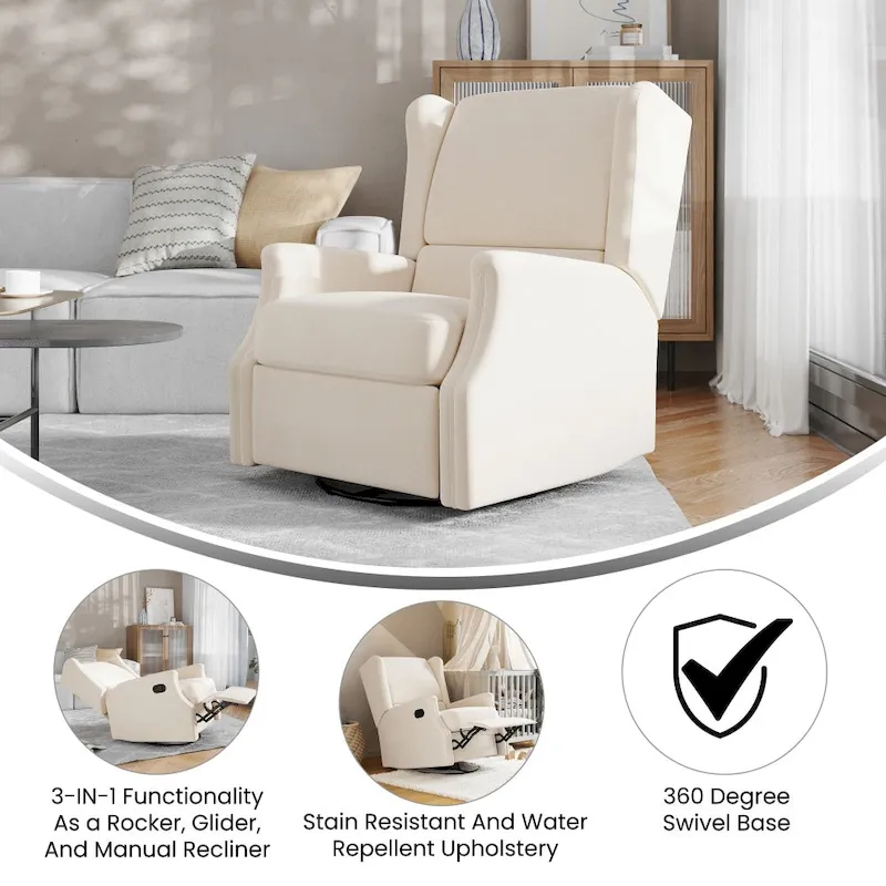 Wingback Manual Rocking Glider Recliner Chair with 360 Swivel