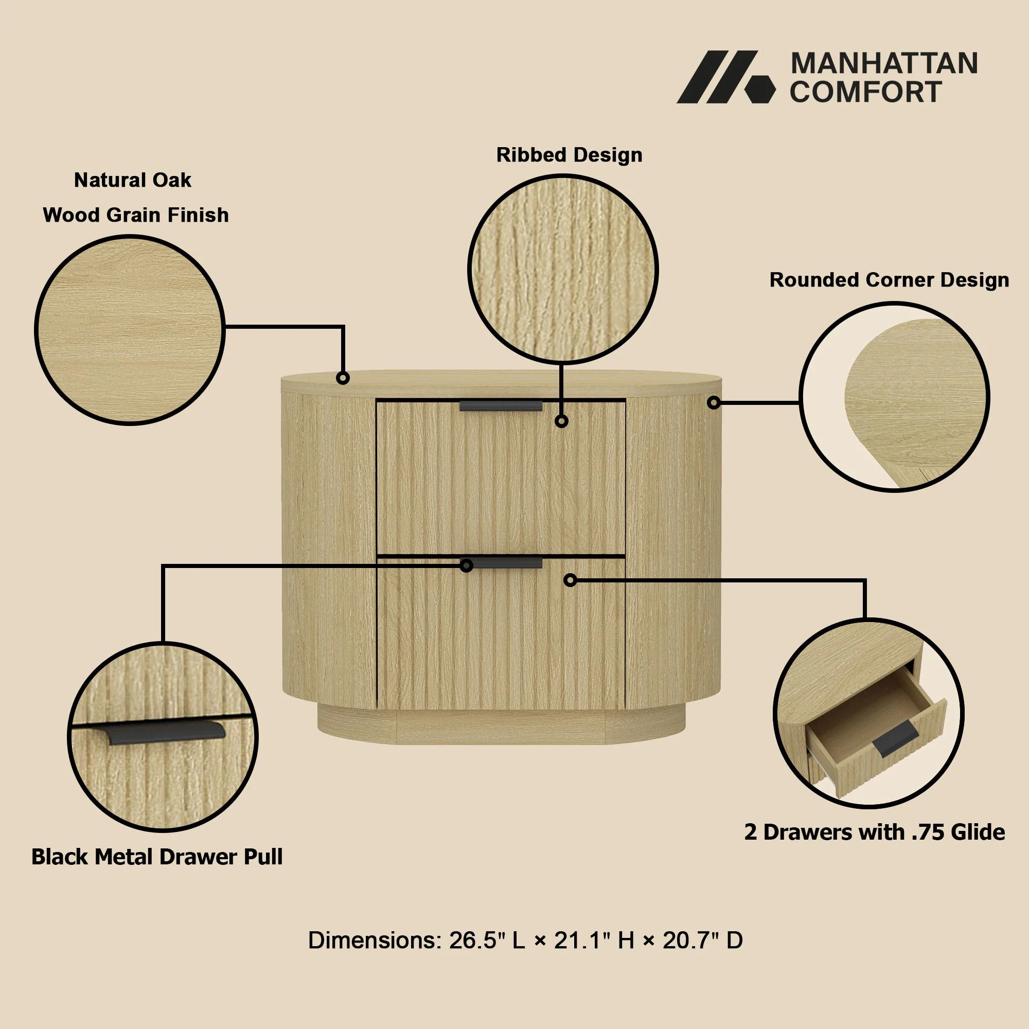 Olivia Fluted 27' 2-Drawer Nightstand